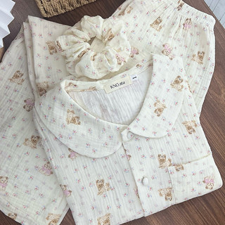 Đồ ngủ nữ tay ngắn quần dài – Pyjama vải xô muslin cổ sen họa tiết | KNG.studio (Tặng kèm dây buộc tóc scrunchies)