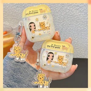 Hộp đựng tai nghe có mặt dây chuyền chống thất lạc cho Airpods 4 Pro 3 2 Thiết kế cạnh sóng Phim hoạt hình YUY Girl Leopard Họa tiết TPU mềm chống sốc Tai nghe không dây Vỏ bảo vệ Vỏ di động