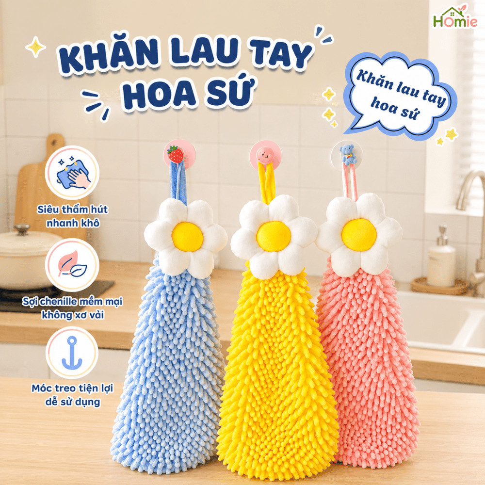 Khăn Lau Tay Nhà Tắm Hoa Sứ Siêu Thấm Hút HOMIE, Khăn Lau Tay Nhà Bếp Nhanh Khô Mềm Mại Dễ Thương