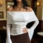 MAPLEPOET-Áo thun trễ vai dành cho nữ Gấp trên dài tay loe chắc chắn Slim Fit Ribbed Đan crop top