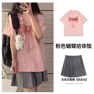 Preppy Phong Cách Cô Gái Nhỏ Nguyên Chất Ngọt Ngào Sinh Viên Áo Thun Nơ Màu Đen Xếp Ly Váy Hai Mảnh Phù Hợp Với