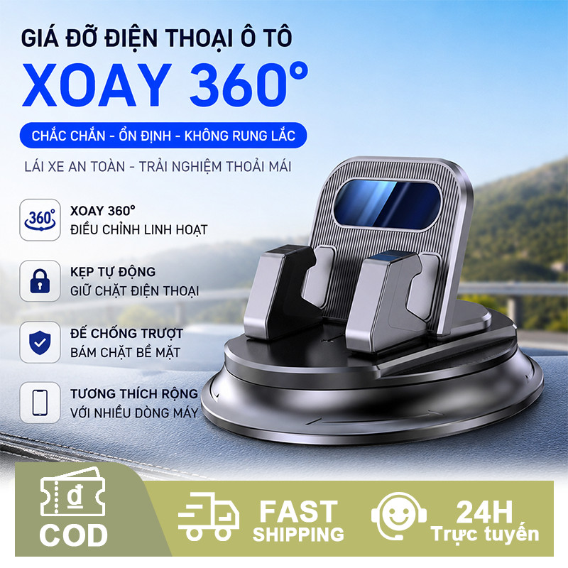 Giá đỡ điện thoại ô tô xoay 360°, gắn bảng điều khiển linh hoạt, chắc chắn, thao tác dễ dàng