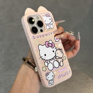 Ốp lưng tai mèo áo lông vũ Hello Kitty ôm gấu dễ thương, phong cách ins nữ tính cặp iPhone 16/17/15/14/13/12/11/X/XS Max
