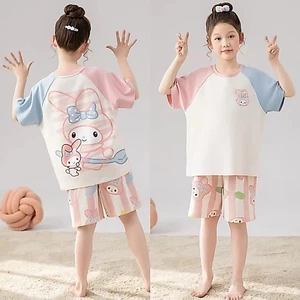 bộ đồ ngủ bé gái phong cách mùa hè quần ngắn tay trẻ em trẻ em lớn bé gái phong cách hoạt hình q