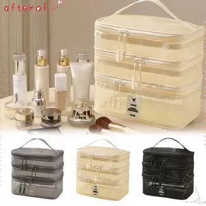 Túi đựng mỹ phẩm AFTEROF, Túi đựng trang điểm lưới trong suốt dung tích lớn, Du lịch trang điểm 3 lớp đa chức năng thời trang