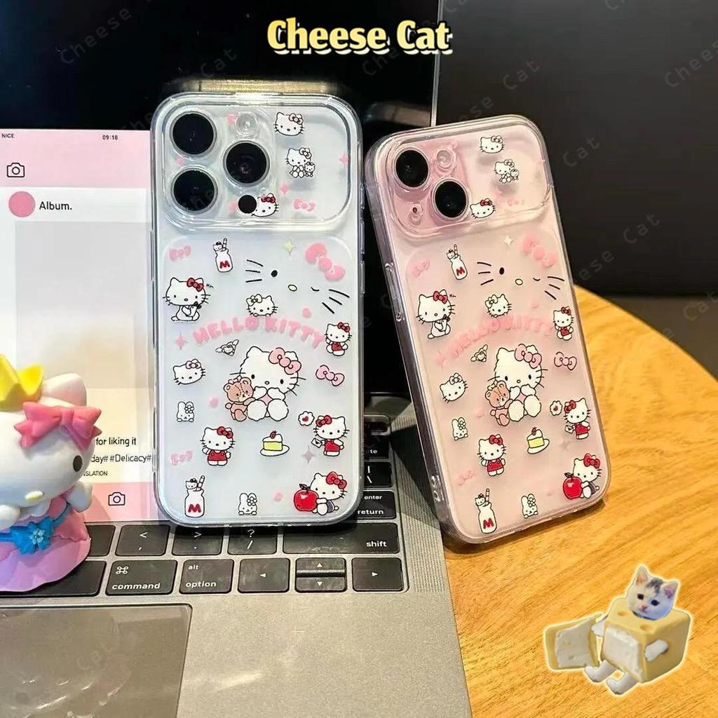 Ốp lưng toàn màn hình Kitty nơ hồng dễ thương cho iPhone 15 16 Xs Max XR 13 14 17 Pro Max 12 11 Vỏ bảo vệ ống kính