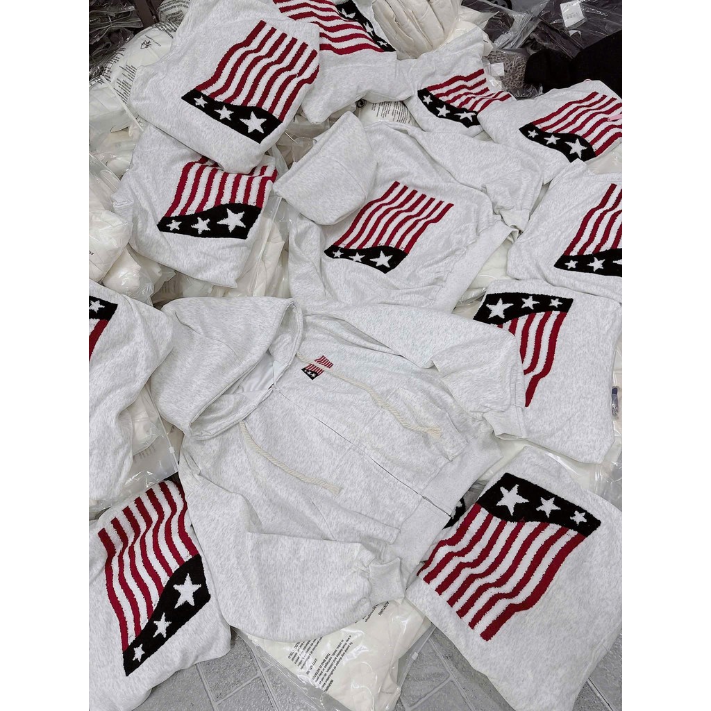 Áo khoác nỉ hoodie unisex rộng form, nhiều màu sắc nam nữ, tay phồng, thiết kế lá cờ Mỹ.