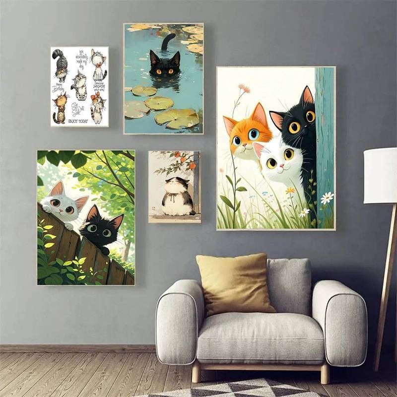Dễ Thương Kitty Playful Feline Friends Pastel Paws Whiskered Wonders Canvas Tranh Nghệ Thuật Trang Trí Tường Canvas Poster