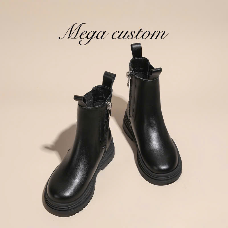 Bốt cổ cao da bóng có khóa kéo mẫu mới màu đen chống trượt êm chân QCCC có hộp cho bé từ 3 tuổi size đại BO878