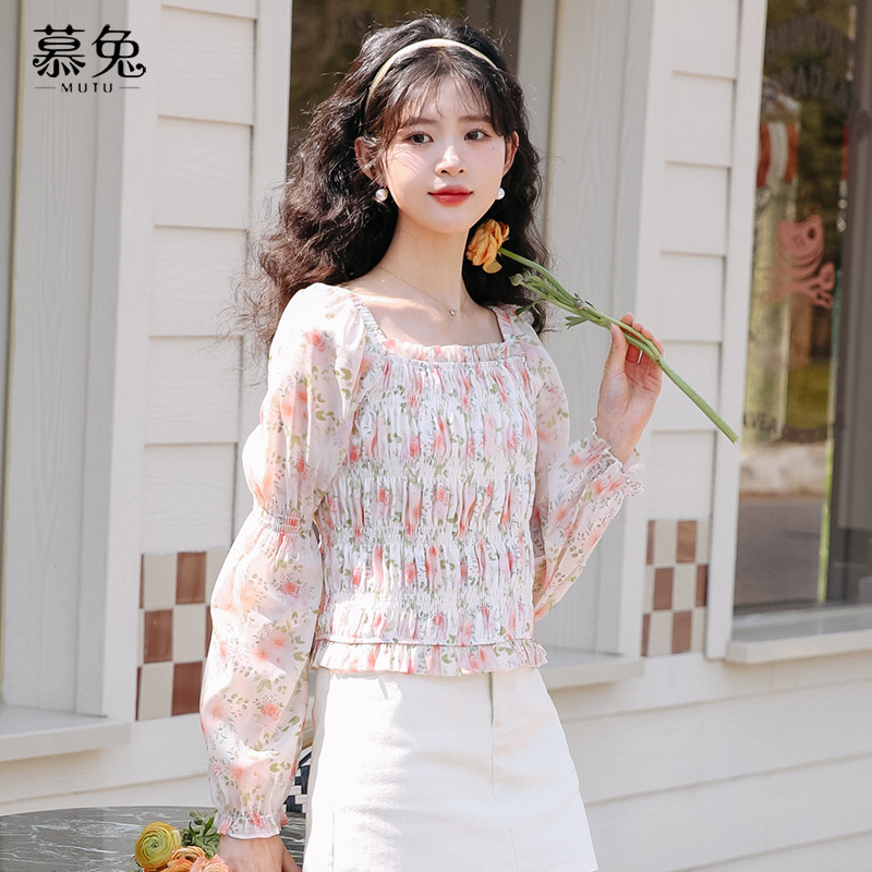 Mutu Pháp Cổ Vuông Cao Cấp Hoa Top Nữ Mùa Xuân 2026 Phong Cách Mới Thiết Kế Niche Puff Áo Sơ Mi