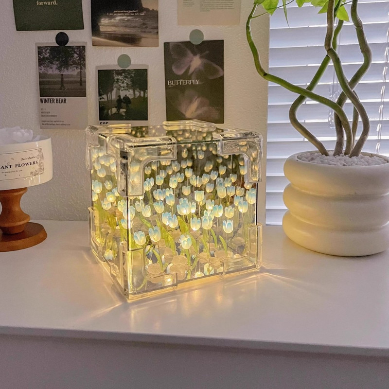 Đèn Ngủ Nhỏ DIY Hình Khối Lập Phương Acrylic Đèn Ngủ Hoa Tulip Biển Làm Thủ Công