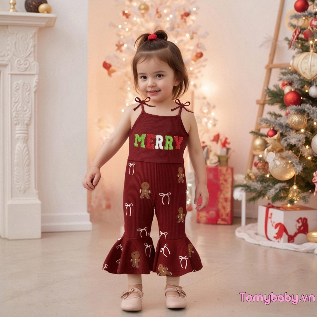 Bộ áo liền quần Giáng sinh cho bé gái Dây buộc không tay Dây đeo Gingerbread Man In áo liền quần