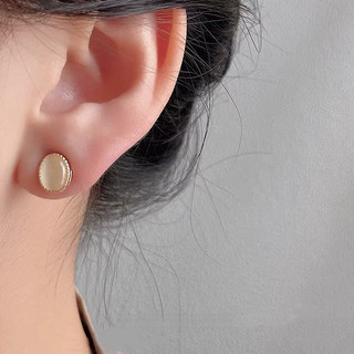 Bông tai bạc 925 hình bầu dục opal và đá thủy tinh mạ vàng 14K mắt mèo - Thiết kế đơn giản, thanh lịch cho nữ