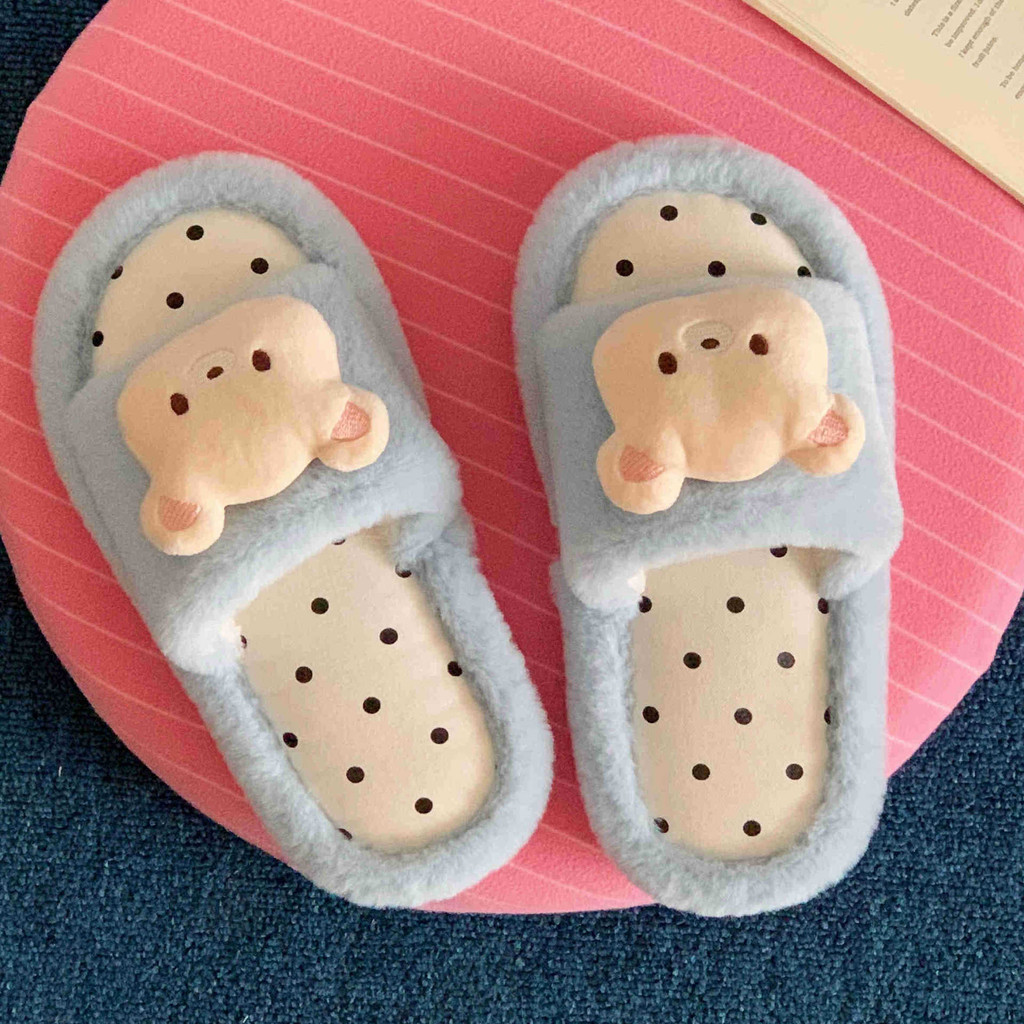 XIXITIAO Dép Cotton Sang Trọng Dễ Thương Chấm Bi Gấu Nữ Thu Đông Nhà Thoải Mái Phong Cách Hàn Quốc