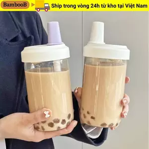 Cốc Rơm BAMBOOB, Bình Nước Nhựa Dung Tích Lớn, Cốc Uống Nước Trong Suốt Có Nắp Ống Hút Sữa