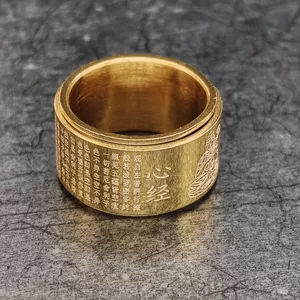 Thép Titan Trái Tim Kinh Thánh Nhẫn Tám Kinh Hộ Mệnh Vòng Xoay Nam 18k Cát Vàng Thép Không Gỉ Nhẫn Z0X1