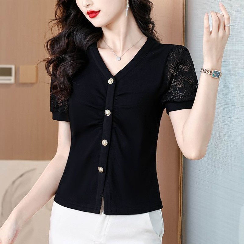 Áo thun ngắn tay màu đen thời trang mùa hè mới cổ chữ V thông thường dành cho nữ