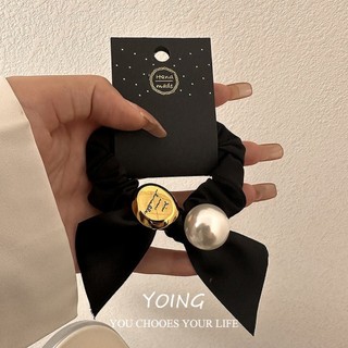 Dây buộc tóc nữ nơ đen ngọc trai, co giãn, phong cách cao cấp