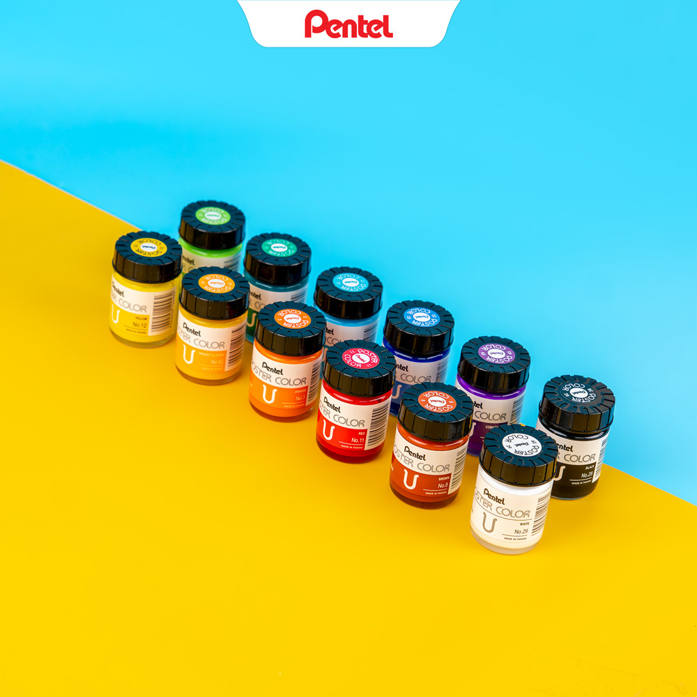 Bộ 12 màu Poster Pentel 30ml màu bột pha sẵn lên màu chuẩn vẽ được trên đa chất liệu