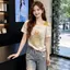 Mùa hè 2026 Phong cách mới Hot-Rhinestone in hình cổ áo thun ngắn tay dành cho nữ Thiết kế cảm giác thon gọn hơn khi đi làm