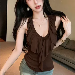 Pure Desire Style Xù cổ chữ V Dây đeo cổ tròn Áo yếm mùa hè Thiết kế phong cách mới Dây đeo