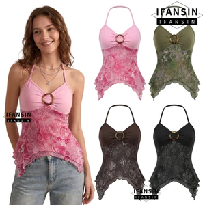 IFASIN Halter Cami Top, Ruched Bust Spaghetti Dây Tank Tops, Hợp Thời Trang In Lưới Sheer Lớp Phủ Bất Đối Xứng Hem Crop Tops Mặc Thường Ngày