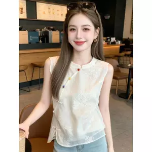 Áo sơ mi nhỏ không tay thêu hình chéo phong cách Trung Quốc mới Kích thước lớn Tính khí giảm tuổi