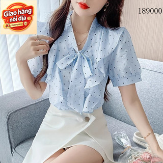 Giao hàng nội địa từ Việt Nam Pháp Nơ Xù Chấm Bi Áo Sơ Mi Nữ Mùa Hè Rời Tay Ngắn Voan Áo Thiết Kế Thời Trang Hàng Đầu