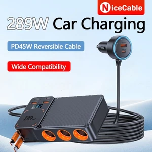 Bộ chuyển đổi ổ cắm điện ô tô sạc nhanh 289W USB 11-IN-1 + Type C PD45W Cáp có thể thu vào với đèn xung quanh Bộ sạc xe hơi tương thích rộng