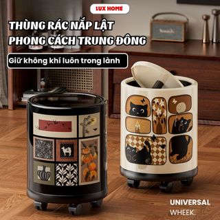 Thùng Đựng Rác 13L Họa Tiết Mèo Dễ Thương Có Bánh Xe, Nắp Đậy Chống Mùi Phong Cách Nhật Bản