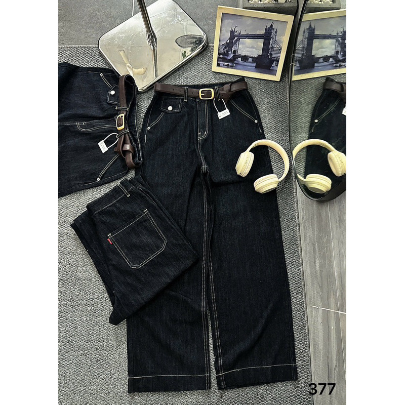 Quần Ống Suông Rộng Jeans Nữ Túi Kiểu Bigsize 55-90kg Hàng QC, Quần Dài Màu Xanh Than MS377