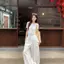 Áo thun trắng tay ngắn lười biếng có dây buộc thiết kế mùa hè mới mỏng hơi trong suốt Top Loose Laced-Up Kem chống nắng