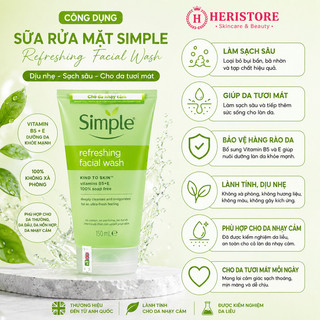 [Mẫu mới] Combo Sữa Rửa Mặt Simple - Tẩy Trang - Sữa Rửa Mặt Dịu Nhẹ 150ml Heri Skin