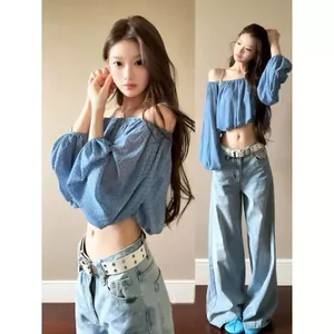 Pháp Một Vai Màu Xanh Chấm Bi Mỏng Áo Sơ Mi Dài Tay Nữ Mùa Hè Phong Cách Mới Rời Mỏng Hơn Nhìn Đẹp Ngắn Top