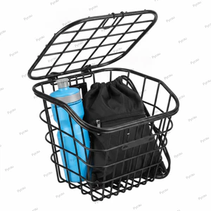 Giỏ trước xe đạp PYCOU, Giỏ đựng xe đạp bằng kim loại màu đen, Chống đùn rỗng có thể tháo rời có nắp Túi lưu trữ Phụ kiện đi xe đạp