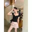 Sweet Hot Girl Suit Pháp Ren Đen Viền Áo Sơ Mi Tay Ngắn + Váy Nơ Niche Nữ Hai Mảnh