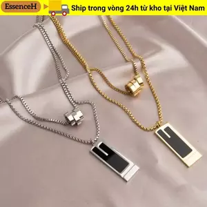 Vòng cổ mặt dây chuyền vuông ESSENCEH, Vòng cổ hai lớp tinh tế, Vòng cổ nữ hợp kim màu vàng