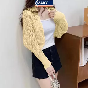 MAKY Mùa Hè Nữ Màu Trơn Rỗng Ra Dài Tay Dệt Kim Áo Cardigan VN
