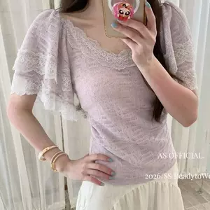 Áo thun cổ chữ V phong cách mới mùa hè Slim-fit Slimmer Look Gentle Style Ren khâu
