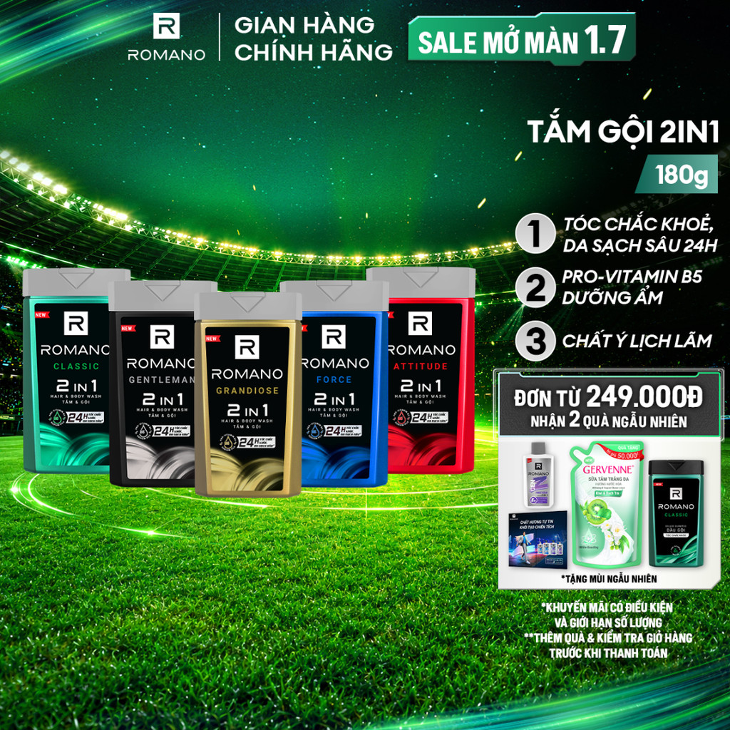 Tắm gội cho nam 2 trong 1 Romano 2in1 180g/chai