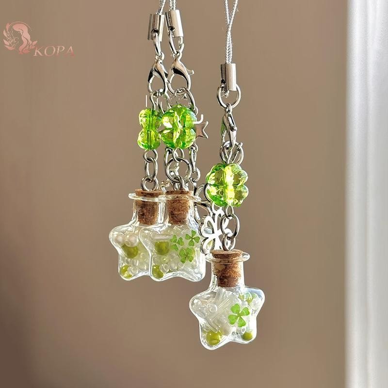 KOPA Lucky 4 Lá Cỏ Ba Lá Chúc Chai Đính Hạt Điện Thoại Mặt Dây Chuyền Móc Khóa Dây Đeo VN