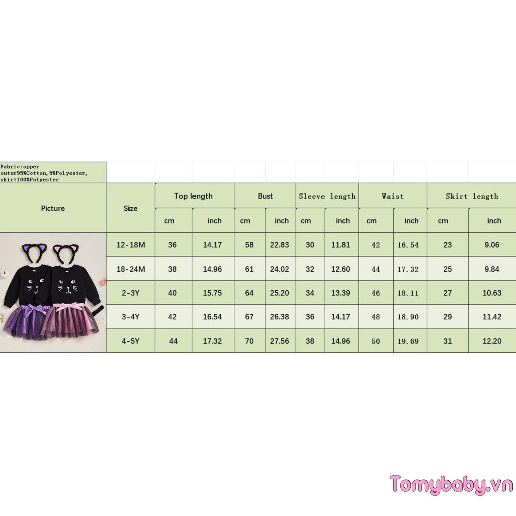 Bộ trang phục Halloween cho bé gái mới biết đi Áo thun in hình mèo + Váy chữ A Mini vải tuyn + Đuôi + Băng đô Bộ 4 chiếc