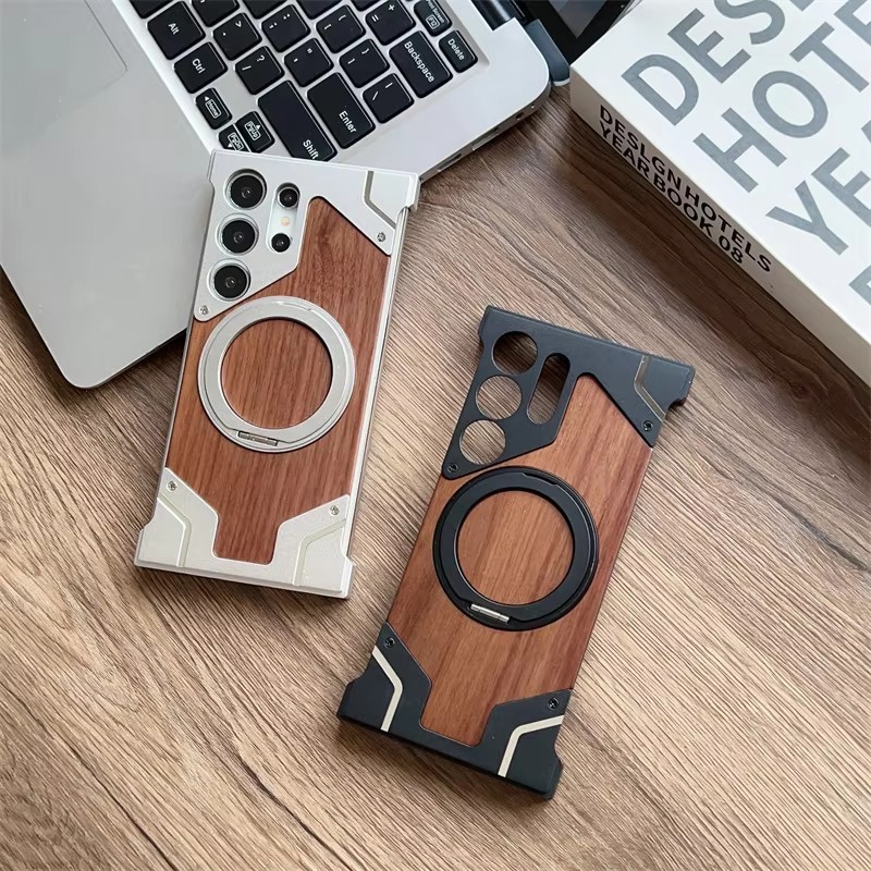 Dành Cho Samsung Galaxy S23 S22 S24 S25 S26 Ultra Walnut Gỗ Kim Loại Viền Giáp 360° Giá đỡ từ tính xoay Vỏ chống sốc
