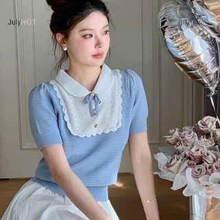 JULYHOT Pháp Nơ Ngọt Ngào Cổ Búp Bê Tay Ngắn Chắp Vá Rỗng Áo Thun Dệt Kim Thường Ngày Cho Nữ Massivedeals