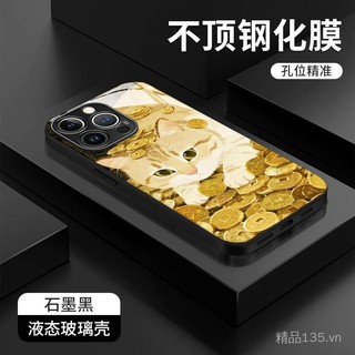 Mèo Đồng Xu Vàng Thích Hợp Cho iPhone 17 / 16 / 15 14 13 12 11 Vỏ Điện Thoại Thủy Tinh Sơn Kim Loại