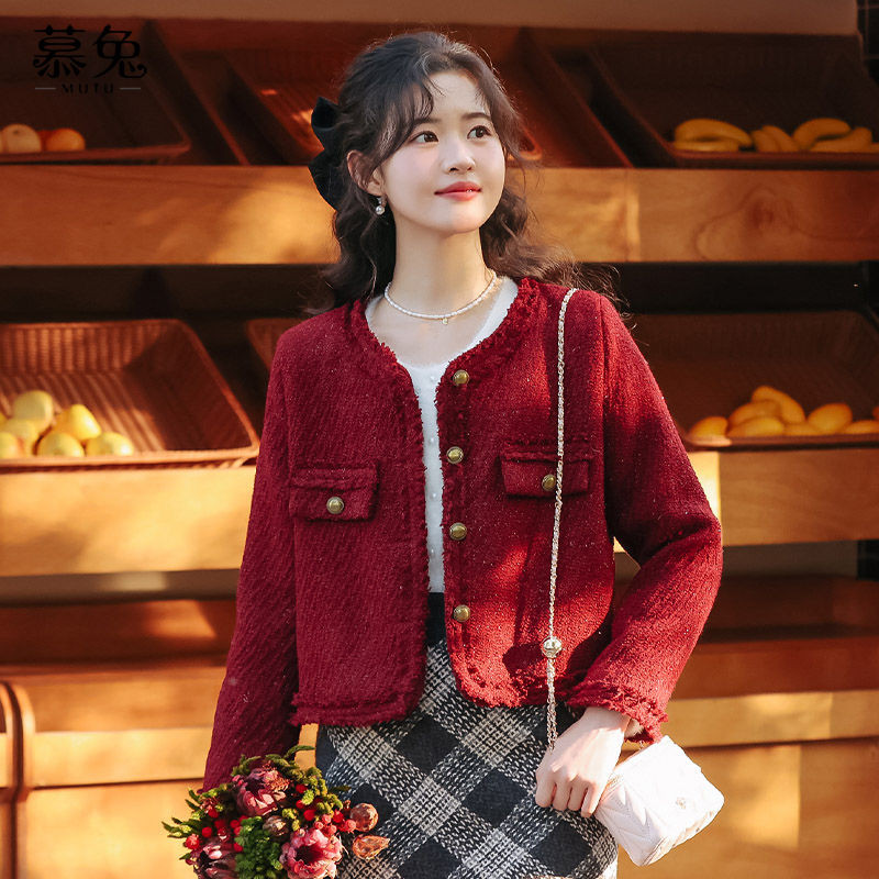 Mutu Retro Đỏ Cổ Tròn Áo Khoác Ngắn Nữ Mùa Xuân 2026 Phong Cách Mới Pháp Retro Tweed Top