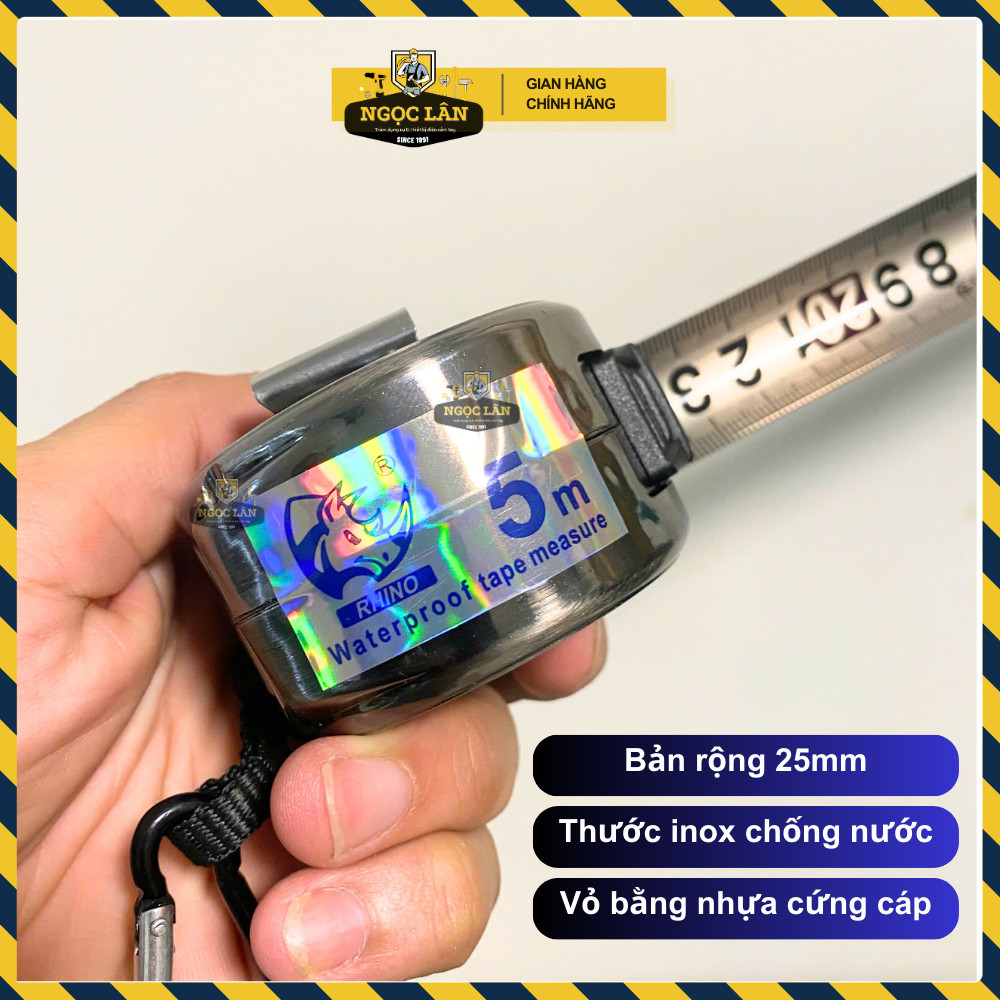 [Hạn chế gỉ] Thước cuộn thép Rhino 5m bản 25mm inox chống nước vỏ nhựa cao cấp