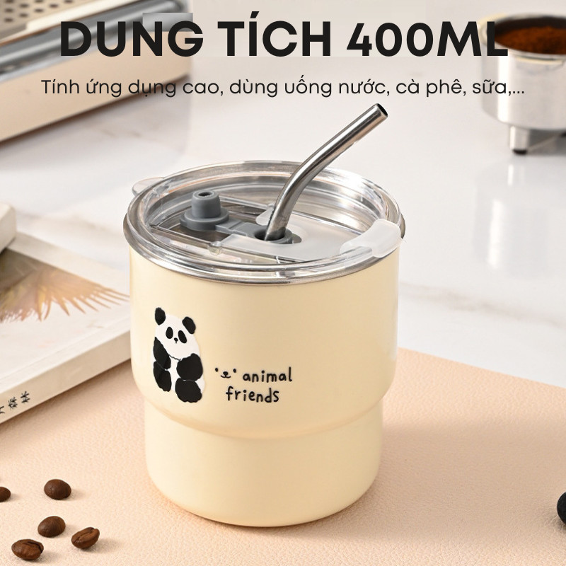 Ly Cốc Uống Nước Inox 304 400ml KOOBEE - Chịu Nhiệt Chống Nóng - Nắp Đậy Và Ống Hút Tiện Dụng - Không Lo Rơi Vỡ | 322