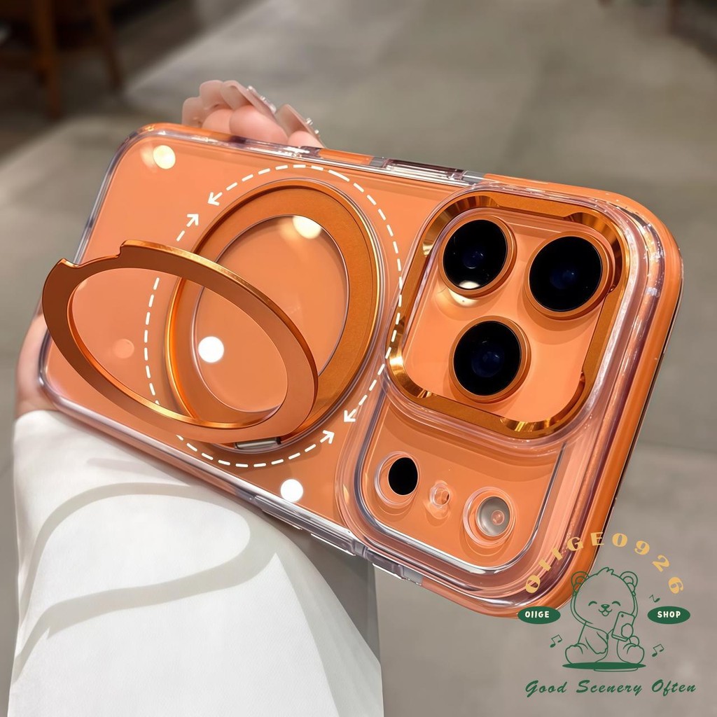 【 Ốp lưng iPhone17 】 Vỏ điện thoại giá đỡ 360 pha lê màu cam từ tính iPhone17 Pro Max 16 15 cho vỏ iPhone vỏ mềm silicon TPU chống sốc