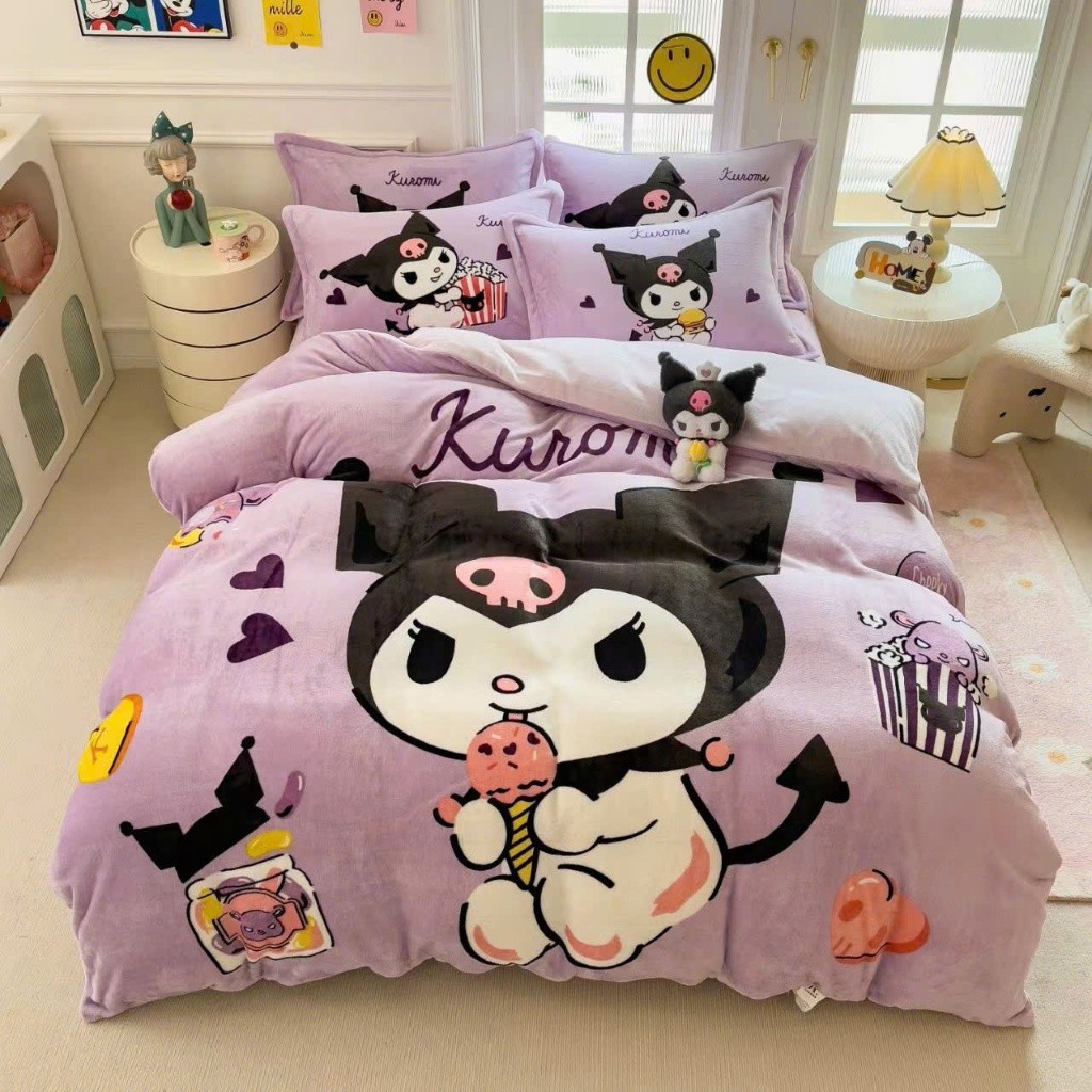 Bộ Chăn Ga Gối Nỉ Nhung  MemMinBedding Luxury Hello Kitty,Kurumi,Lotso,Melody,Cinamorol,Khủng Long, dày dặn, ấm áp-SGN03